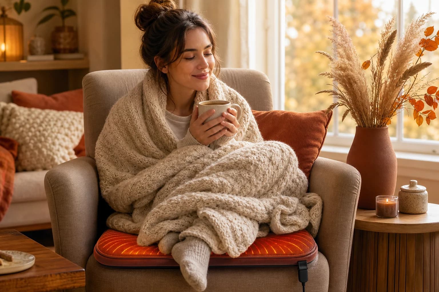 Person relaxing at home with a heated seat cushion, warm cozy living room