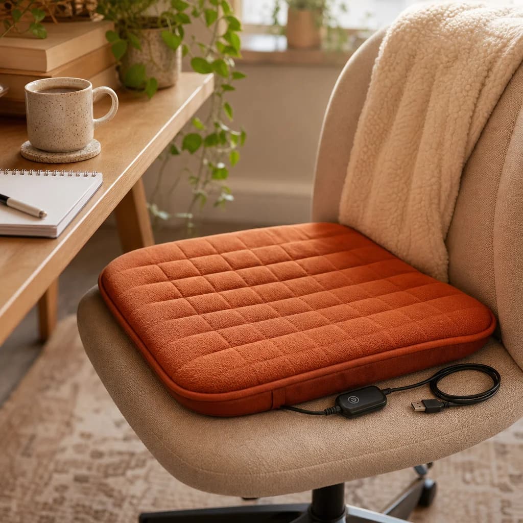 Heated seat cushion set up at a cozy home desk